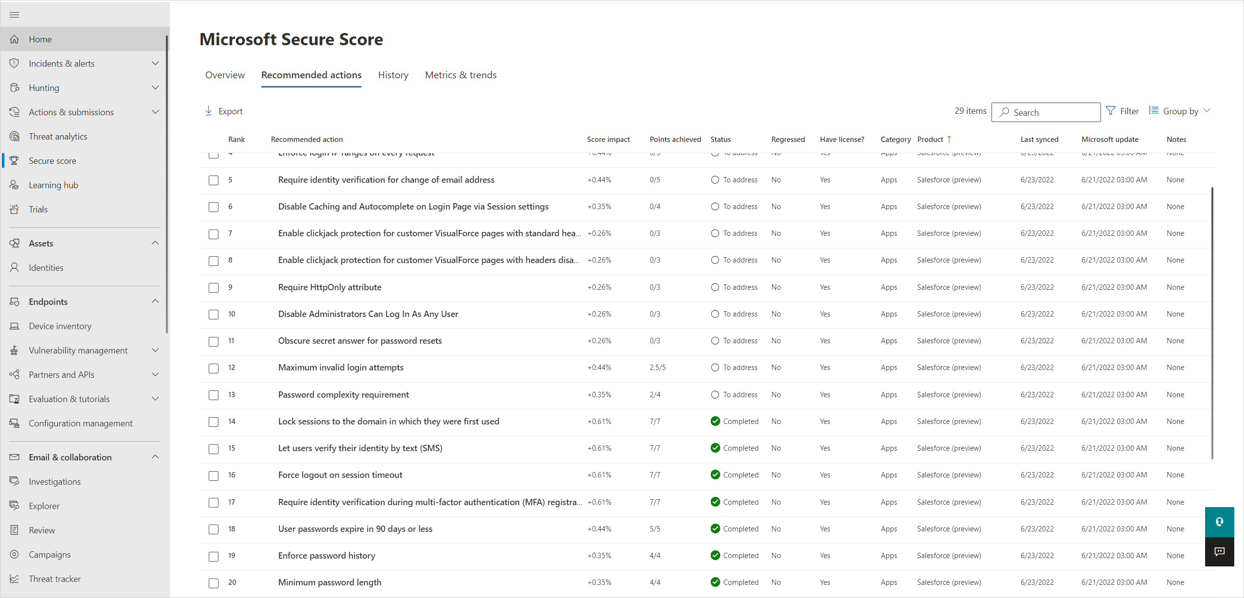Screenshot of the SalesForce recommendations in Secure Score.