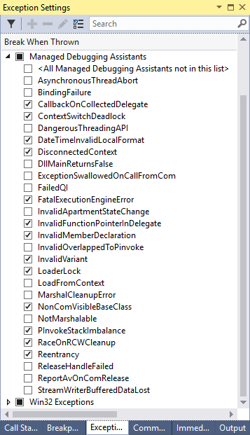 Exception Settings window in Visual Studio