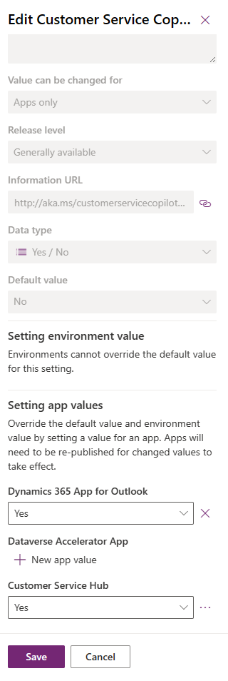 Zrzut ekranu przedstawiający Power Apps definicję ustawień.