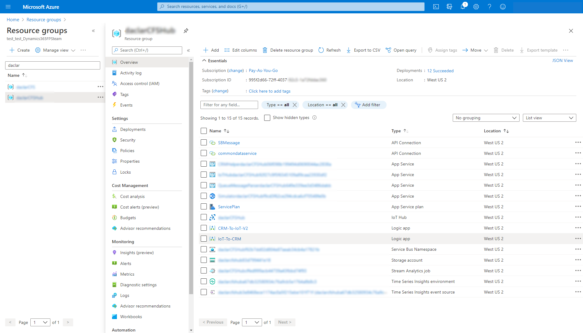 Zrzut ekranu grup zasobów platformy Azure.
