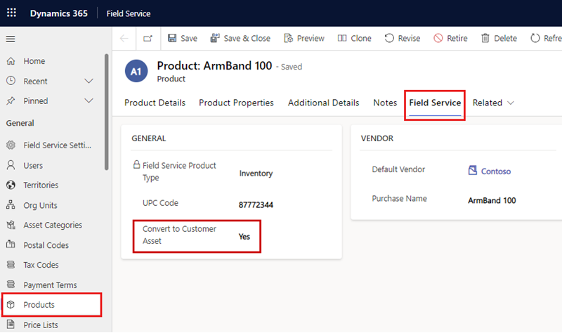 Zrzut ekranu produktu na karcie Field Service i wyróżnione ustawienie Konwertuj na zasób klienta.