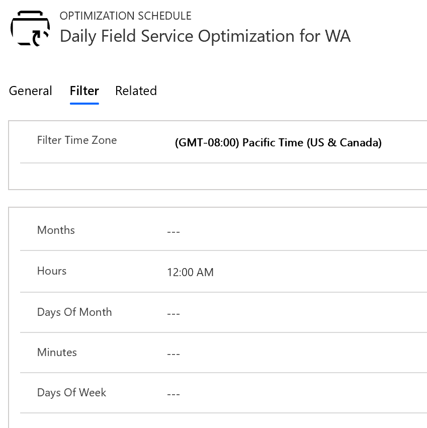 Zrzut ekranu przedstawiający harmonogram optymalizacji na karcie filtra.