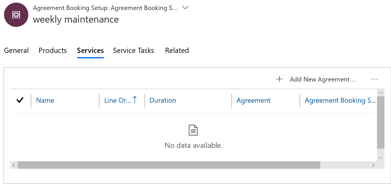 Zrzut ekranu przedstawiający rekord konfiguracji rezerwacji w ramach umowy, na karcie Usługi, bez wymienionych usług.