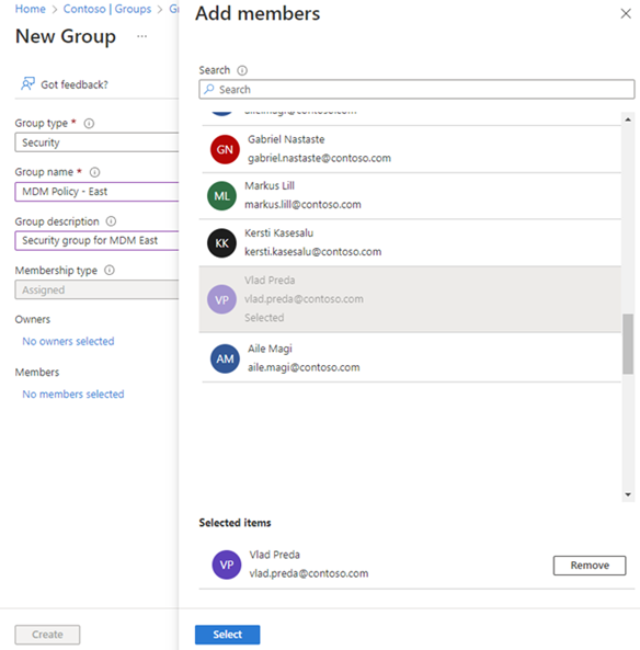 Zrzut ekranu przedstawiający wybieranie członków grupy podczas procesu tworzenia grupy.