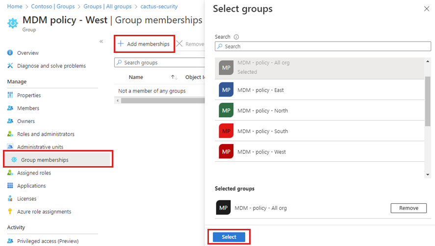 Zrzut ekranu przedstawiający tworzenie grupy członka innej grupy z wyróżnioną opcją Członkostwo w grupie z menu bocznego i wyróżnioną opcją Dodaj członkostwo.