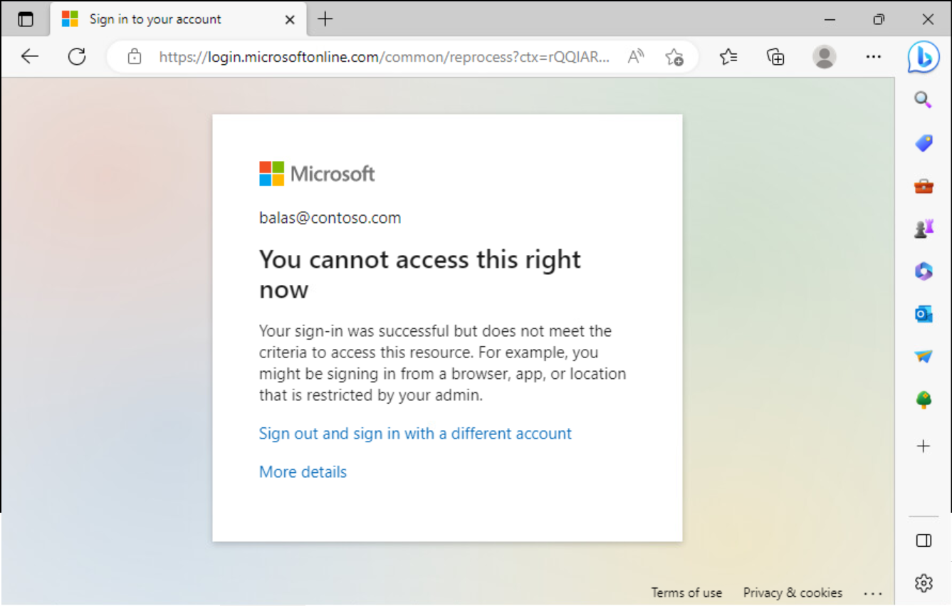 Zrzut ekranu przedstawiający komunikat o błędzie w oknie przeglądarki Nie można uzyskać dostępu do tego teraz.
