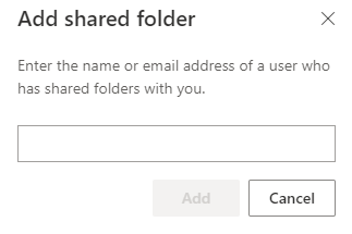 Zrzut ekranu przedstawiający okno dialogowe dodawania folderu udostępnionego, w którym wprowadza się nazwę lub adres e-mail użytkownika, który dysponuje dostępem do folderów udostępnionych.