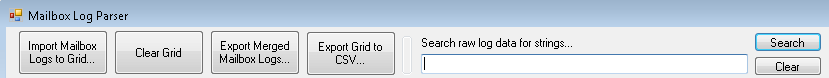 Zrzut ekranu przedstawiający przycisk Importuj dzienniki skrzynki pocztowej do siatki w oknie Analizator dziennika skrzynki pocztowej.