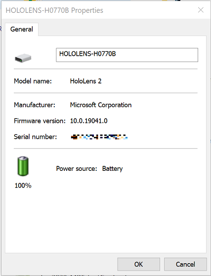 Ekran właściwości HoloLens 2 pokazuje poziom zmiany baterii.