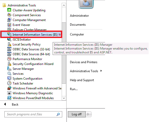 Screenshot of Administrative Tools menu expanded with Internet Information Services I I S Manager highlighted.