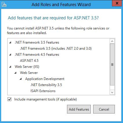 Screenshot of the dialog box with the question of Add features that are required for A S P dot NET 3 point 5.