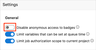Screenshot Azure DevOps showing how to disable anonymous access to badges.