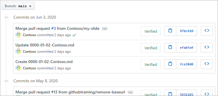 A screenshot of a list of GitHub commits to a main branch.