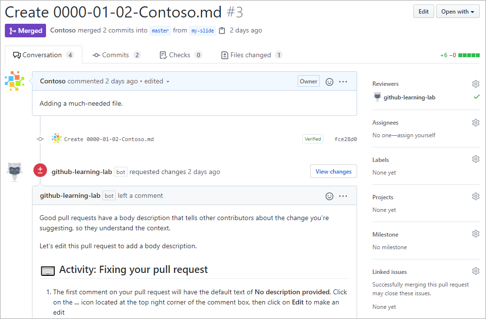 A screenshot of a pull request and a comment within the pull request.