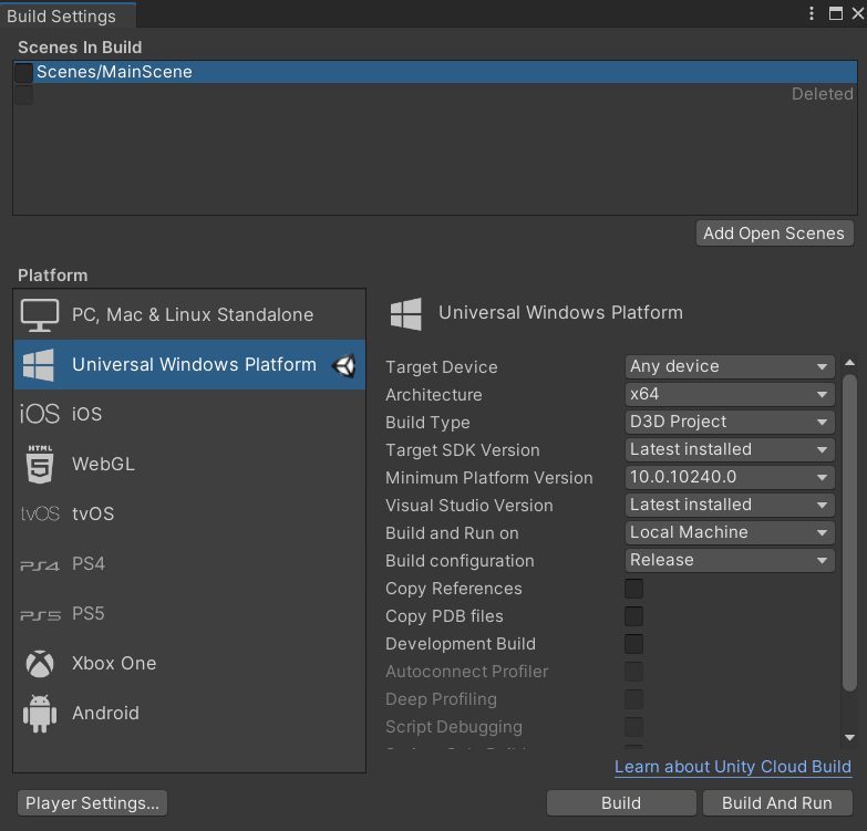 Screenshot of the Unity build setting window with the main scene and universal windows platform options highlighted.