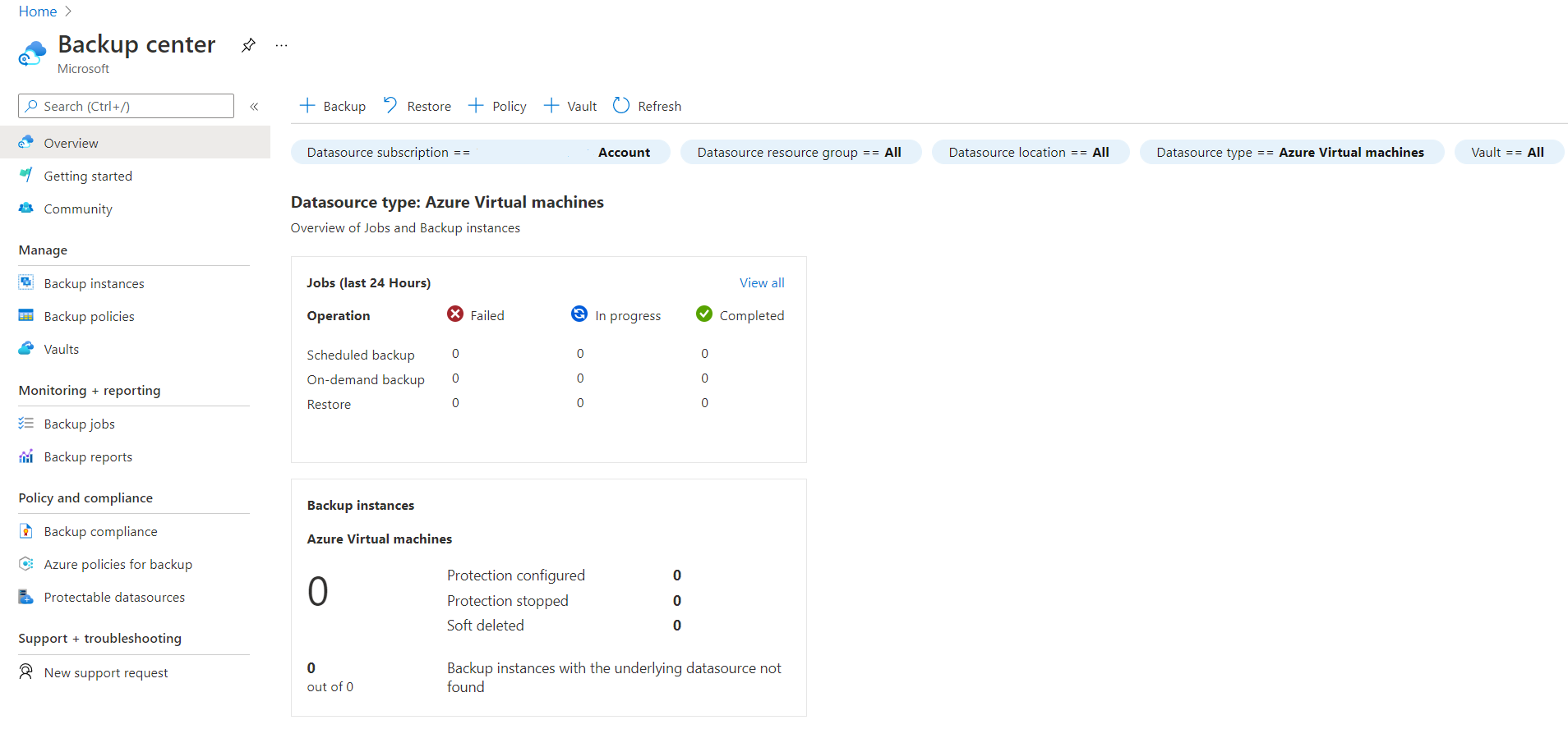 Screenshot of the Backup center user interface in the Azure portal. This image is displaying backup information for Azure Virtual machines related to jobs and backup instances.