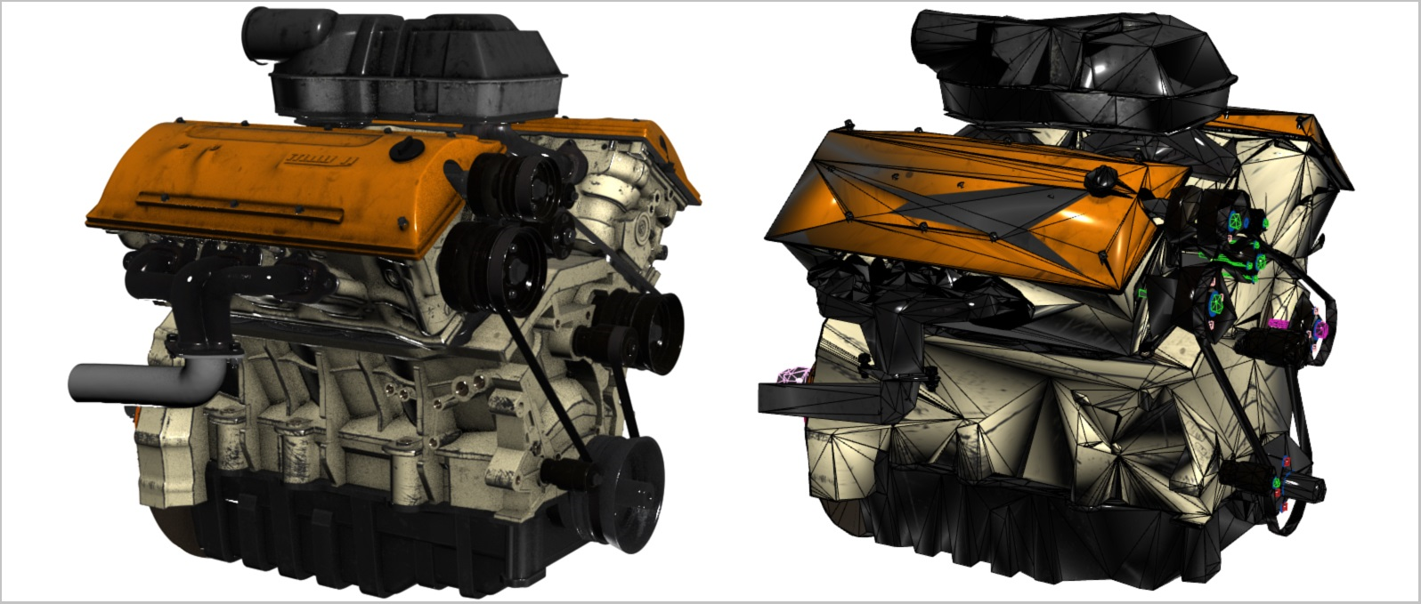 Fotografia dwóch modeli 3D silników samochodowych. Model po lewej zawiera dużo trójkątów, a model po prawej zawiera mało trójkątów.