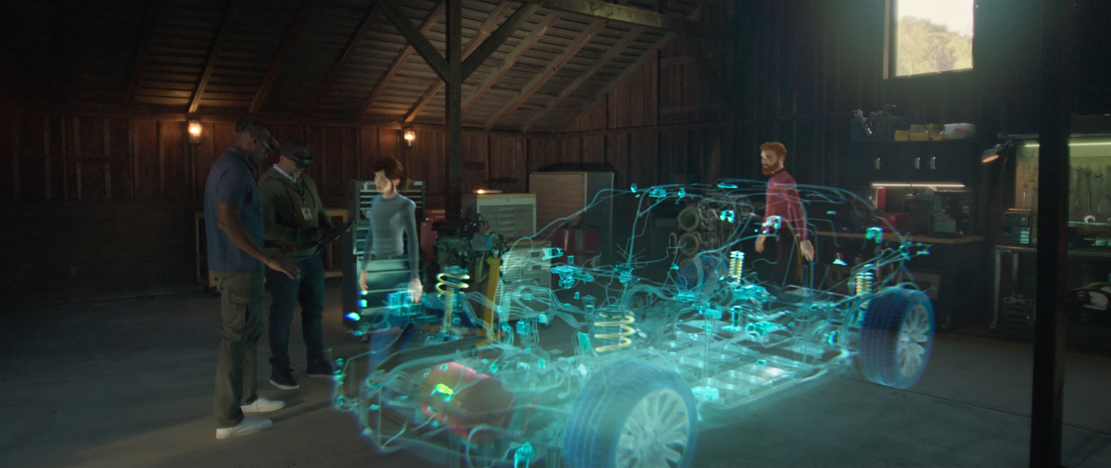 Zdjęcie wirtualnego środowiska współpracy w usłudze Microsoft Mesh: osoby współpracujące z hologramem samochodu.