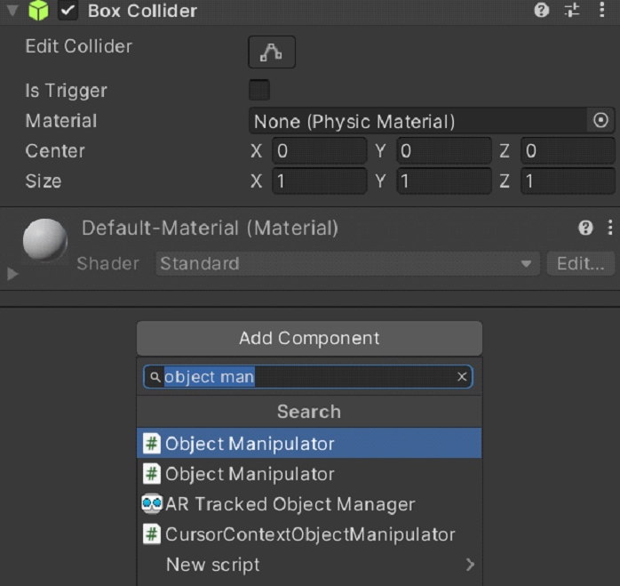 Zrzut ekranu przedstawiający dodawanie skryptu Object Manipulator.