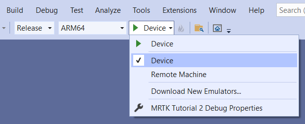 Zrzut ekranu przedstawiający okno programu Visual Studio z urządzeniem jako obiektem docelowym.