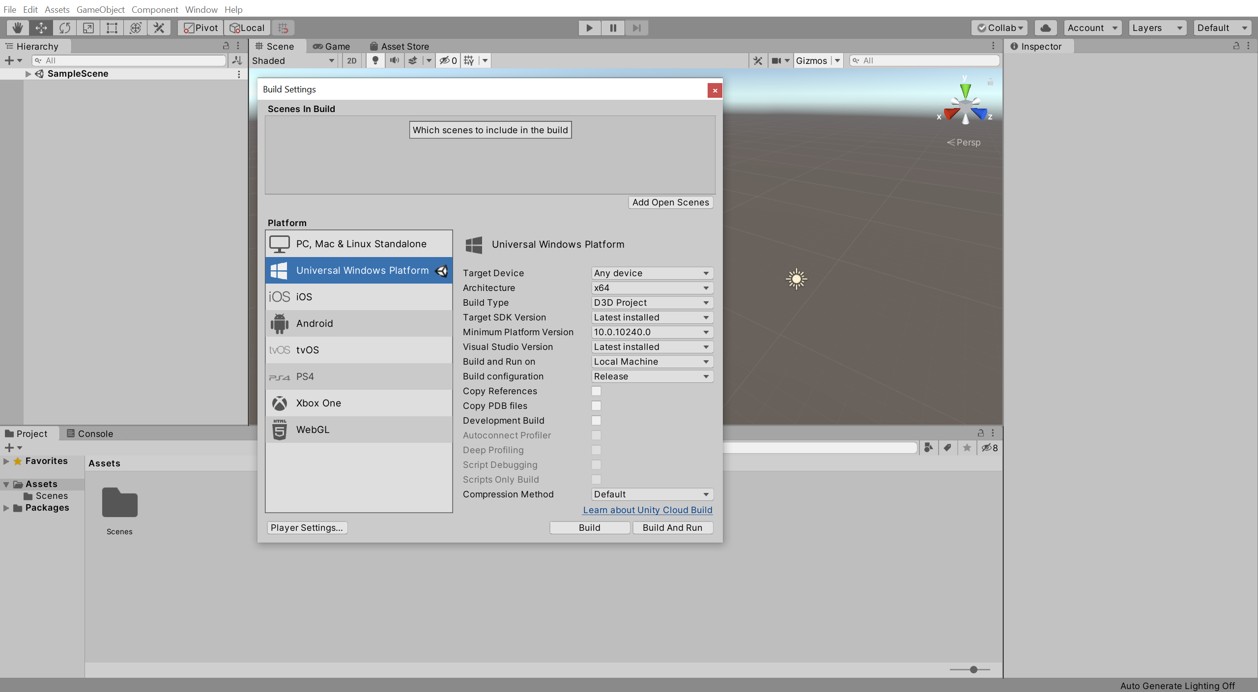 Zrzut ekranu przedstawiający stronę kompilacji aparatu Unity z wyróżnioną ikoną zamknięcia.