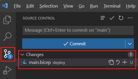 Screenshot of Visual Studio Code that shows Source Control, with one change on the icon badge and the main.bicep file listed as a changed file.