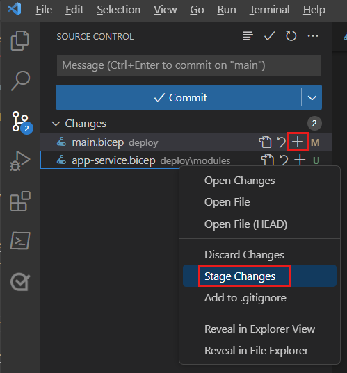 Screenshot of Visual Studio Code that shows Source Control, with the main.bicep context menu displayed and the Stage Changes menu item highlighted.