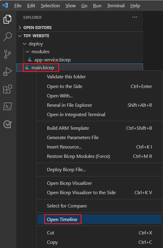 Screenshot of Visual Studio Code that shows the Explorer panel, with the shortcut menu displayed for the main.bicep file and the Timeline menu item highlighted.