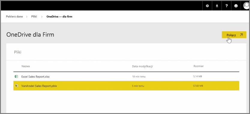 Zrzut ekranu przedstawiający OneDrive dla Firm wybierania pliku PBIX.