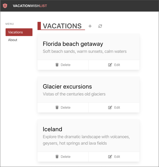 Screenshot of the Vacation Wish List sample application.