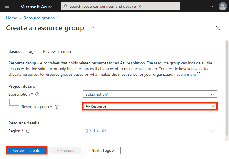 Screenshot showing the form to fill in to add a new resource group