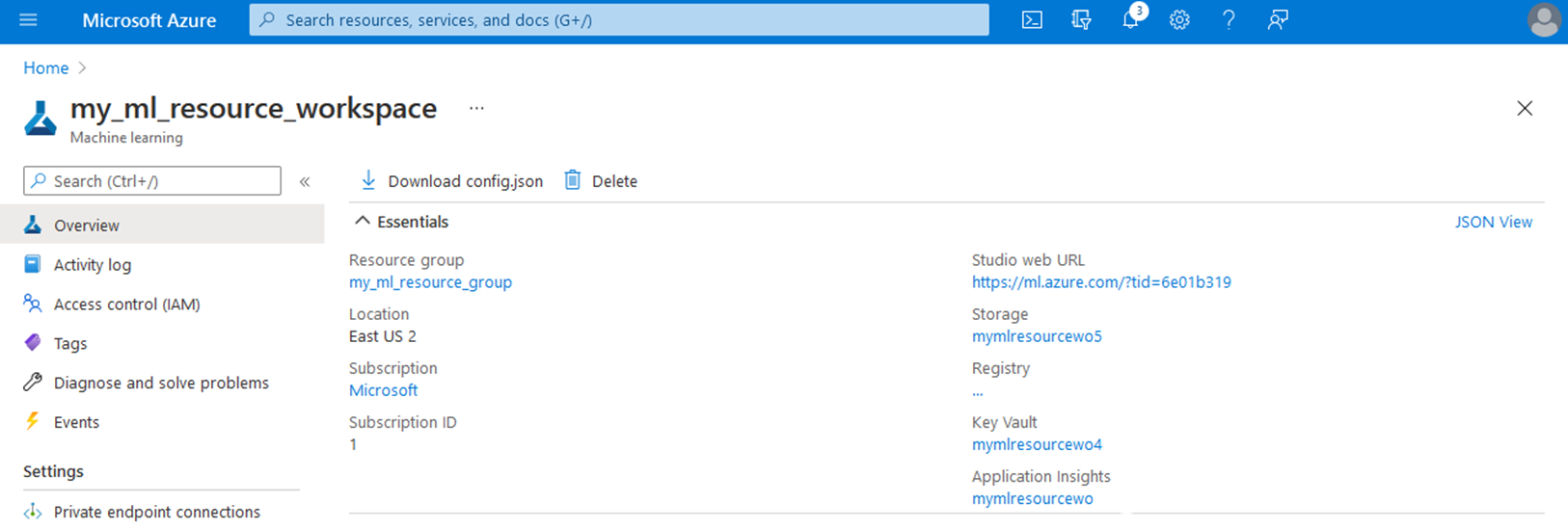 Screenshot showing the Azure portal with a Azure Machine Learning workspace overview.