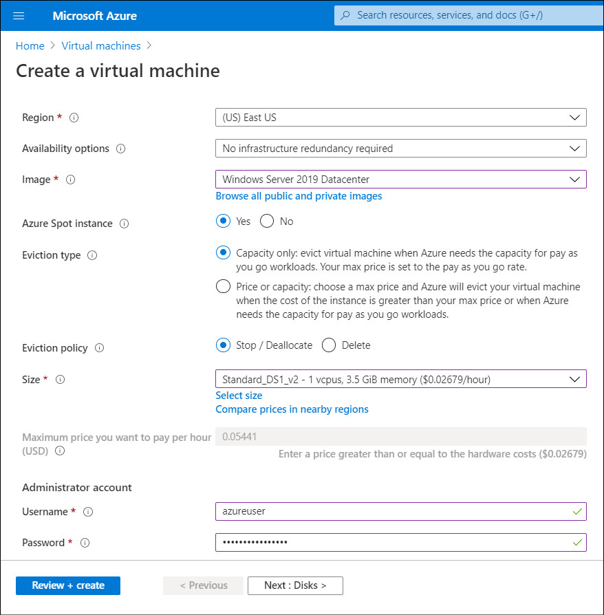 A screenshot of the Create a virtual machine blade in the Azure portal. The administrator has selected Yes for the Azure Spot instance option.