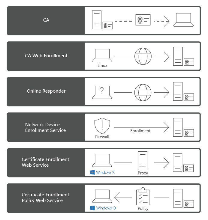 The role services of the AD CS role in Windows Server 2019, including CA, CA Web Enrollment, Online Responder, Network Device Enrollment Service, CES, and Certificate Enrollment Policy Web Service.