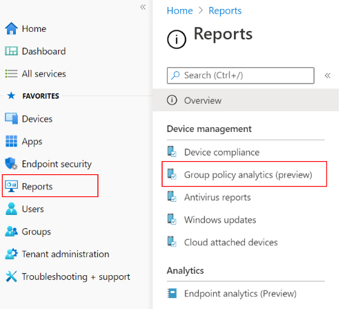 Zrzut ekranu przedstawiający sposób przeglądania raportu i danych wyjściowych zaimportowanych obiektów zasad grupy przy użyciu analizy zasady grupy w Microsoft Intune i centrum administracyjnym usługi Intune.