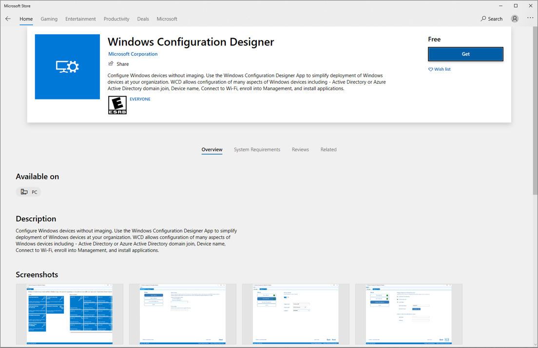 Zrzut ekranu przedstawiający sklep z aplikacjami projektanta konfiguracji Windows