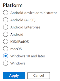 Zrzut ekranu przedstawiający filtrowaną listę filtrów i wszystkie dostępne opcje platformy w Microsoft Intune.