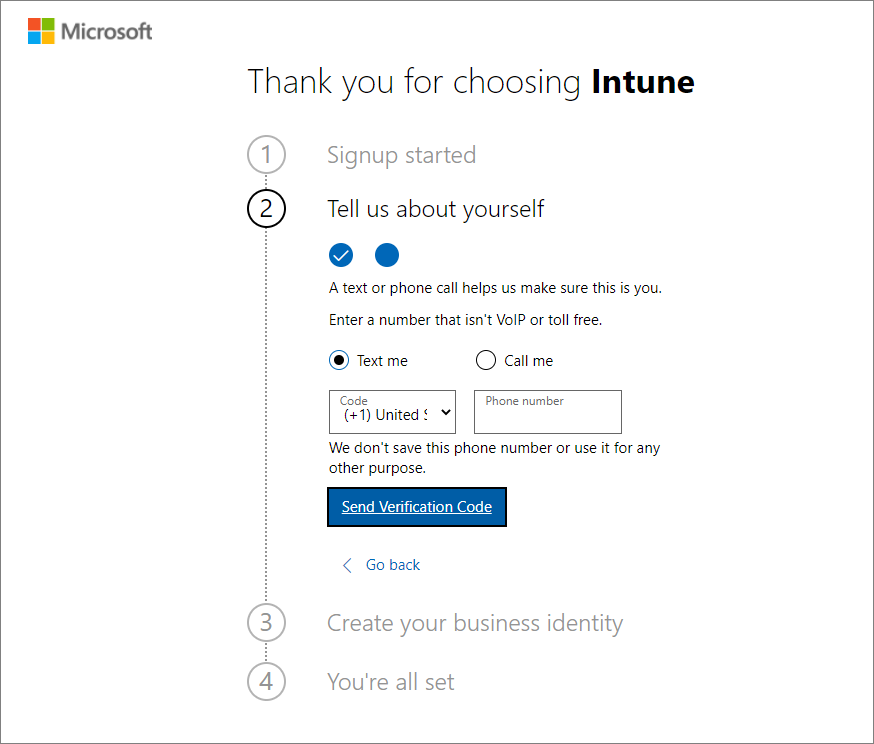 Zrzut ekranu przedstawiający stronę konfigurowania konta w usłudze Microsoft Intune — wysyłanie kodu weryfikacyjnego