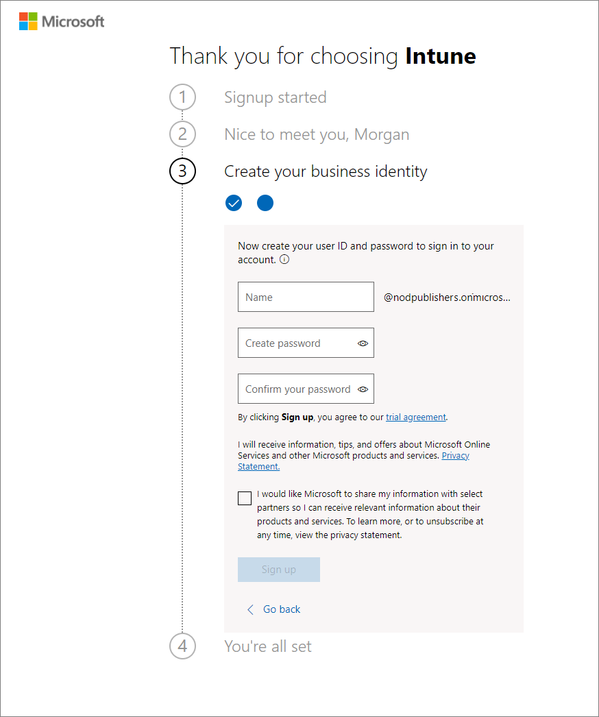 Zrzut ekranu przedstawiający stronę Microsoft Intune konfigurowania konta — szczegóły potwierdzenia