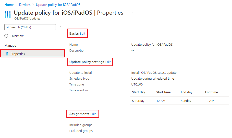 Zrzut ekranu przedstawiający sposób edytowania istniejących zasad aktualizacji oprogramowania systemu iOS/iPadOS w Microsoft Intune.