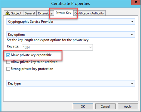 Zrzut ekranu przedstawiający kartę Klucz prywatny w oknie Właściwości certyfikatu.
