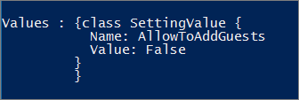 Zrzut ekranu okna programu PowerShell pokazujący, że dostęp do grupy gości został ustawiony na wartość false.