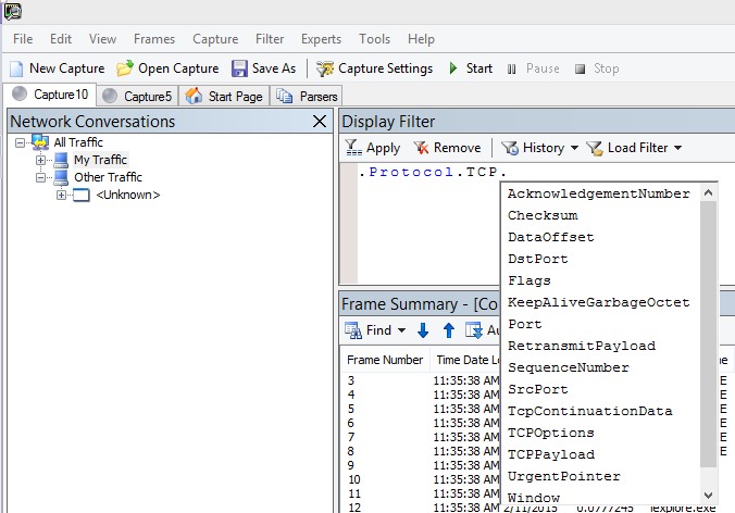 Zrzut ekranu przedstawiający narzędzie Netmon pokazujące, że pole Filtr wyświetlania używa funkcji intellisense.