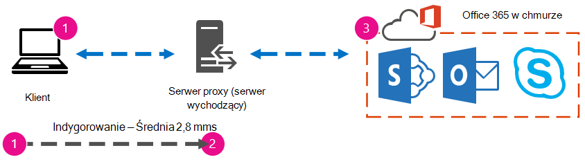 Grafika przedstawiająca ilustrację klienta do serwera proxy PSPing z czasem rundy wynoszącym 2,8 milisekund.