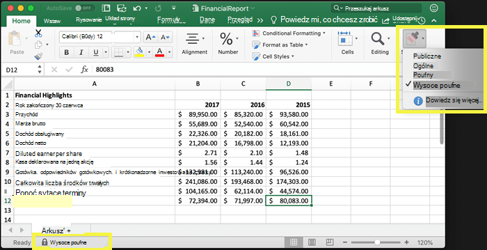 Etykieta poufności na pasku stanu i wstążki programu Excel.