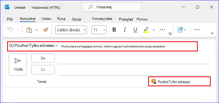 Etykieta poufności zastosowana do wiadomości w programie Outlook.