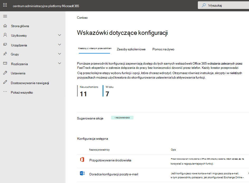 Zrzut ekranu przedstawiający stronę Wskazówki dotyczące konfiguracji w Centrum administracyjne platformy Microsoft 365