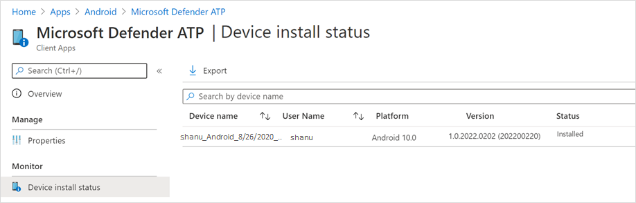 Strona Stan instalacji urządzenia w portalu usługi Microsoft Defender 365