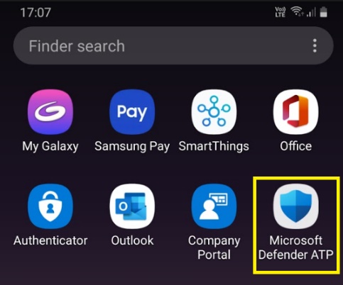 Ikona usługi Microsoft Defender ATP wymieniona w okienku Wyszukiwania