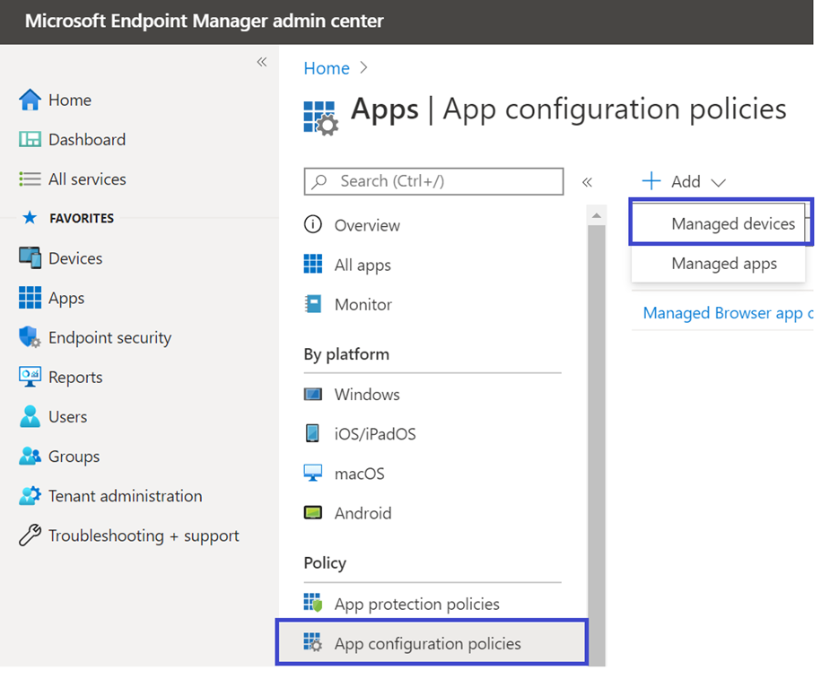 Okienko Zasady konfiguracji aplikacji w portalu centrum administracyjnego firmy Microsoft Endpoint Manager